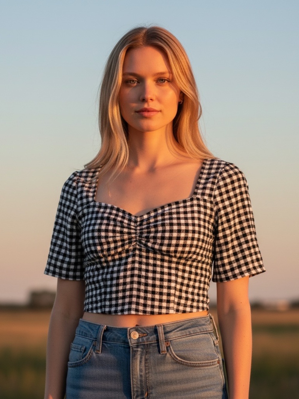 VANESSA MOONEY Gingham Crop Top Black White L